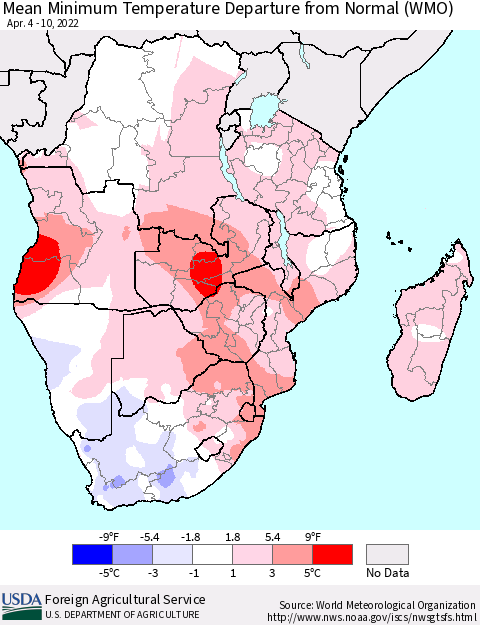 Southern Africa Mean Minimum Temperature Departure from Normal (WMO) Thematic Map For 4/4/2022 - 4/10/2022