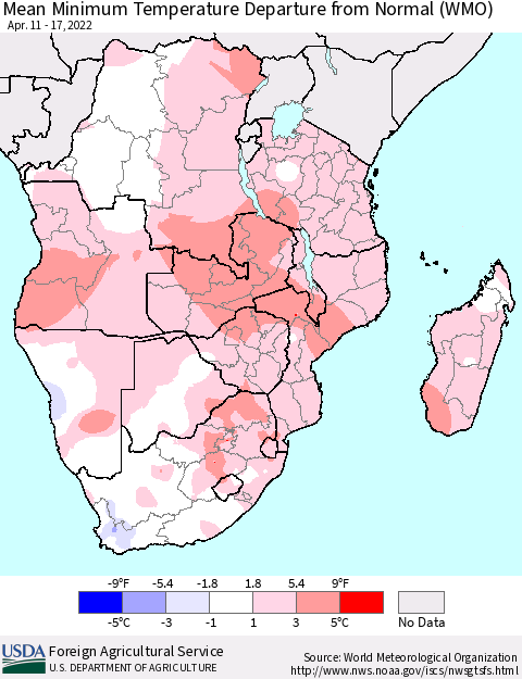 Southern Africa Mean Minimum Temperature Departure from Normal (WMO) Thematic Map For 4/11/2022 - 4/17/2022