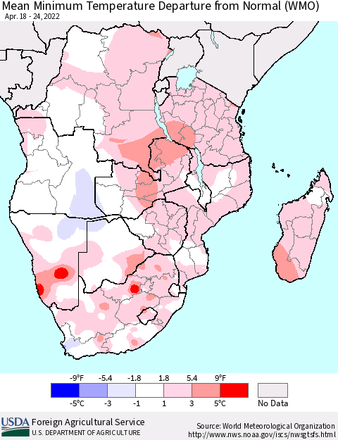 Southern Africa Mean Minimum Temperature Departure from Normal (WMO) Thematic Map For 4/18/2022 - 4/24/2022