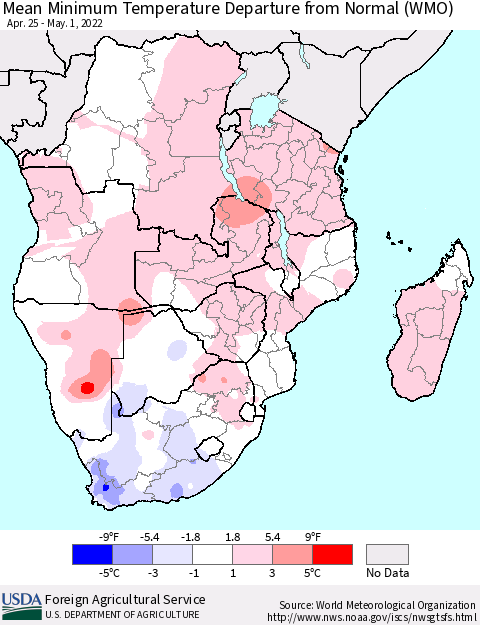 Southern Africa Mean Minimum Temperature Departure from Normal (WMO) Thematic Map For 4/25/2022 - 5/1/2022