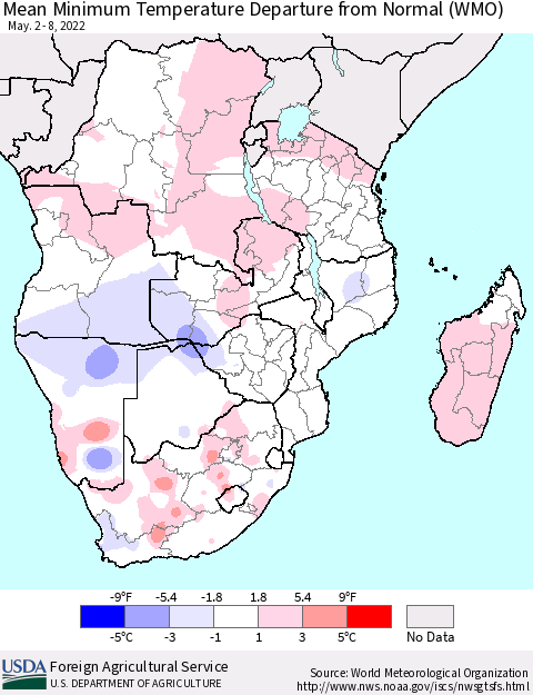 Southern Africa Mean Minimum Temperature Departure from Normal (WMO) Thematic Map For 5/2/2022 - 5/8/2022