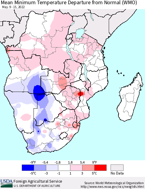 Southern Africa Mean Minimum Temperature Departure from Normal (WMO) Thematic Map For 5/9/2022 - 5/15/2022