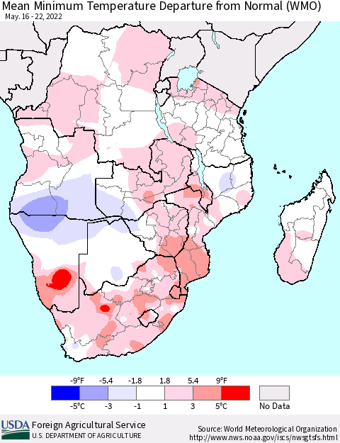 Southern Africa Mean Minimum Temperature Departure from Normal (WMO) Thematic Map For 5/16/2022 - 5/22/2022