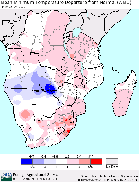 Southern Africa Mean Minimum Temperature Departure from Normal (WMO) Thematic Map For 5/23/2022 - 5/29/2022