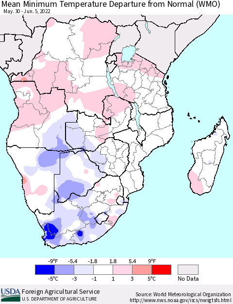 Southern Africa Mean Minimum Temperature Departure from Normal (WMO) Thematic Map For 5/30/2022 - 6/5/2022
