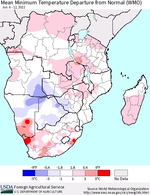 Southern Africa Mean Minimum Temperature Departure from Normal (WMO) Thematic Map For 6/6/2022 - 6/12/2022