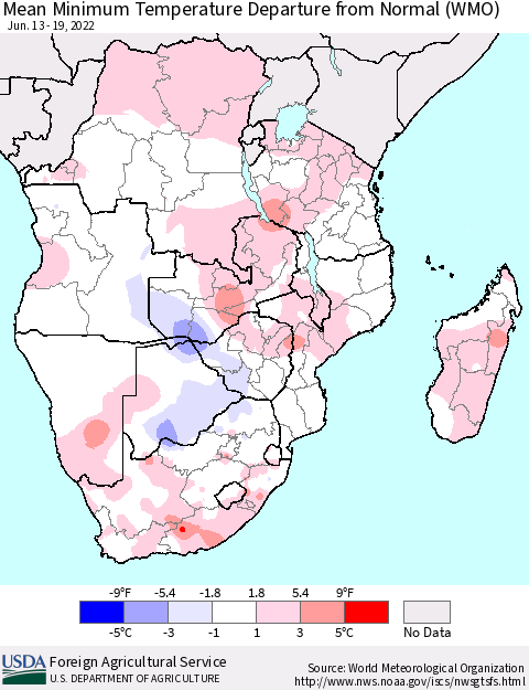 Southern Africa Mean Minimum Temperature Departure from Normal (WMO) Thematic Map For 6/13/2022 - 6/19/2022