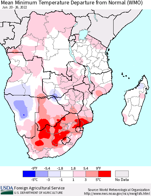 Southern Africa Mean Minimum Temperature Departure from Normal (WMO) Thematic Map For 6/20/2022 - 6/26/2022