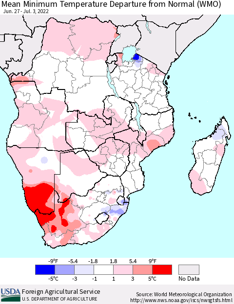 Southern Africa Mean Minimum Temperature Departure from Normal (WMO) Thematic Map For 6/27/2022 - 7/3/2022