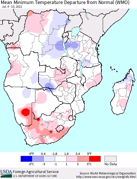 Southern Africa Mean Minimum Temperature Departure from Normal (WMO) Thematic Map For 7/4/2022 - 7/10/2022