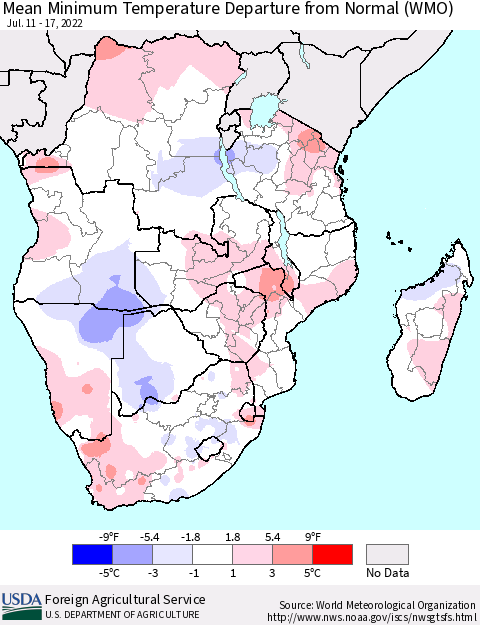 Southern Africa Mean Minimum Temperature Departure from Normal (WMO) Thematic Map For 7/11/2022 - 7/17/2022