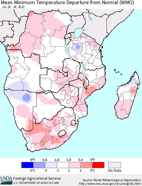 Southern Africa Mean Minimum Temperature Departure from Normal (WMO) Thematic Map For 7/18/2022 - 7/24/2022