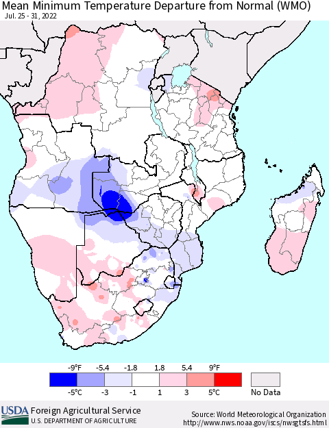 Southern Africa Mean Minimum Temperature Departure from Normal (WMO) Thematic Map For 7/25/2022 - 7/31/2022