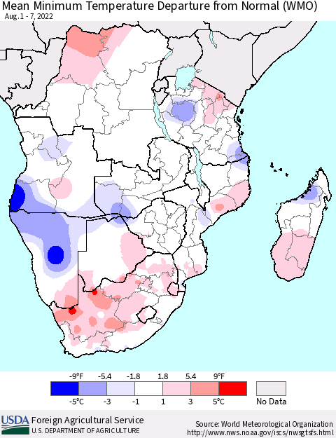 Southern Africa Mean Minimum Temperature Departure from Normal (WMO) Thematic Map For 8/1/2022 - 8/7/2022