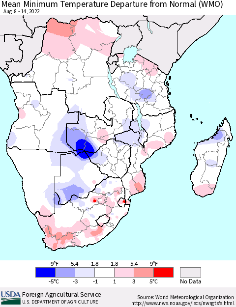 Southern Africa Mean Minimum Temperature Departure from Normal (WMO) Thematic Map For 8/8/2022 - 8/14/2022