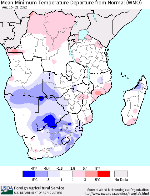 Southern Africa Mean Minimum Temperature Departure from Normal (WMO) Thematic Map For 8/15/2022 - 8/21/2022