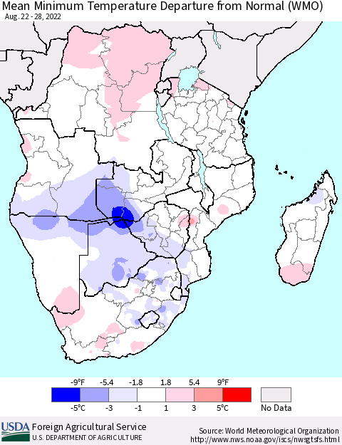 Southern Africa Mean Minimum Temperature Departure from Normal (WMO) Thematic Map For 8/22/2022 - 8/28/2022
