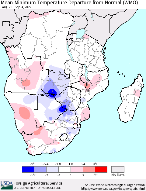 Southern Africa Mean Minimum Temperature Departure from Normal (WMO) Thematic Map For 8/29/2022 - 9/4/2022