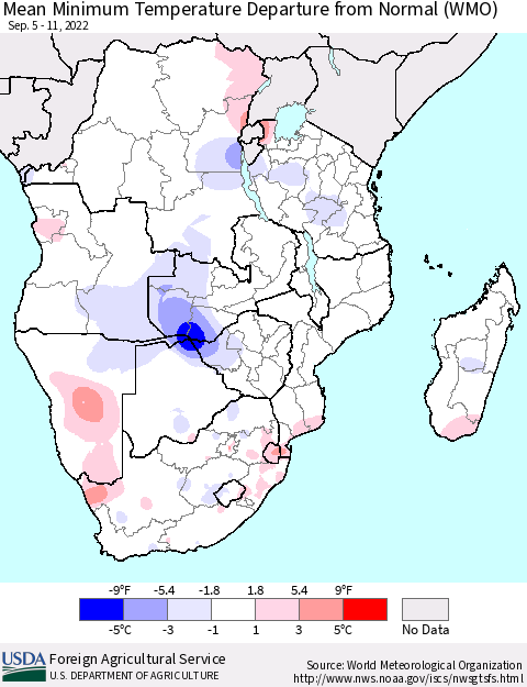 Southern Africa Mean Minimum Temperature Departure from Normal (WMO) Thematic Map For 9/5/2022 - 9/11/2022