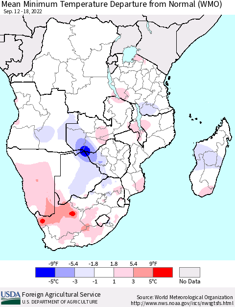 Southern Africa Mean Minimum Temperature Departure from Normal (WMO) Thematic Map For 9/12/2022 - 9/18/2022