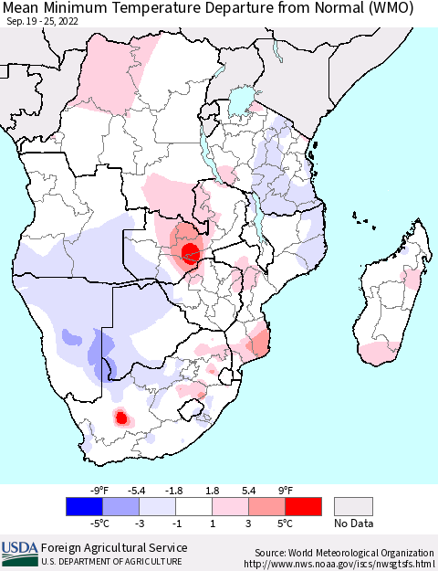 Southern Africa Mean Minimum Temperature Departure from Normal (WMO) Thematic Map For 9/19/2022 - 9/25/2022