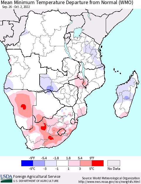 Southern Africa Mean Minimum Temperature Departure from Normal (WMO) Thematic Map For 9/26/2022 - 10/2/2022