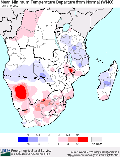 Southern Africa Mean Minimum Temperature Departure from Normal (WMO) Thematic Map For 10/3/2022 - 10/9/2022