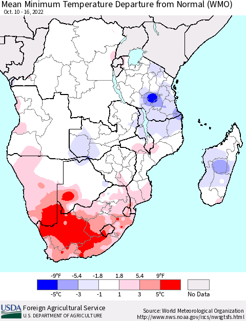 Southern Africa Mean Minimum Temperature Departure from Normal (WMO) Thematic Map For 10/10/2022 - 10/16/2022