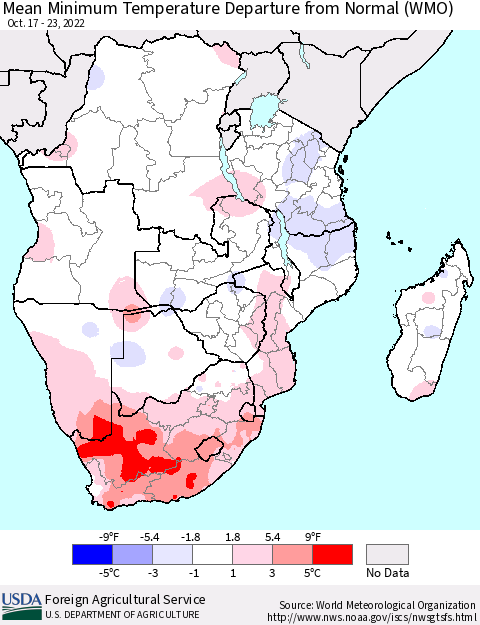 Southern Africa Mean Minimum Temperature Departure from Normal (WMO) Thematic Map For 10/17/2022 - 10/23/2022