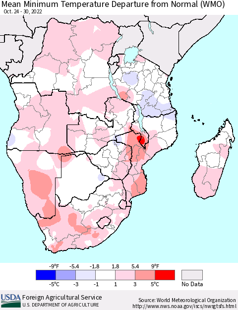 Southern Africa Mean Minimum Temperature Departure from Normal (WMO) Thematic Map For 10/24/2022 - 10/30/2022