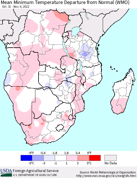 Southern Africa Mean Minimum Temperature Departure from Normal (WMO) Thematic Map For 10/31/2022 - 11/6/2022