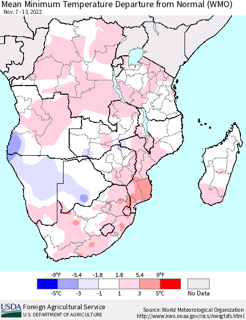 Southern Africa Mean Minimum Temperature Departure from Normal (WMO) Thematic Map For 11/7/2022 - 11/13/2022