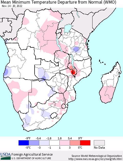 Southern Africa Mean Minimum Temperature Departure from Normal (WMO) Thematic Map For 11/14/2022 - 11/20/2022