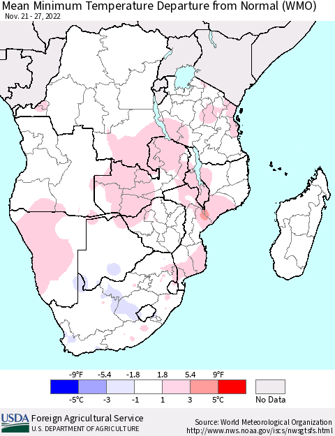 Southern Africa Mean Minimum Temperature Departure from Normal (WMO) Thematic Map For 11/21/2022 - 11/27/2022