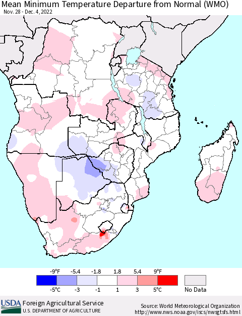 Southern Africa Mean Minimum Temperature Departure from Normal (WMO) Thematic Map For 11/28/2022 - 12/4/2022