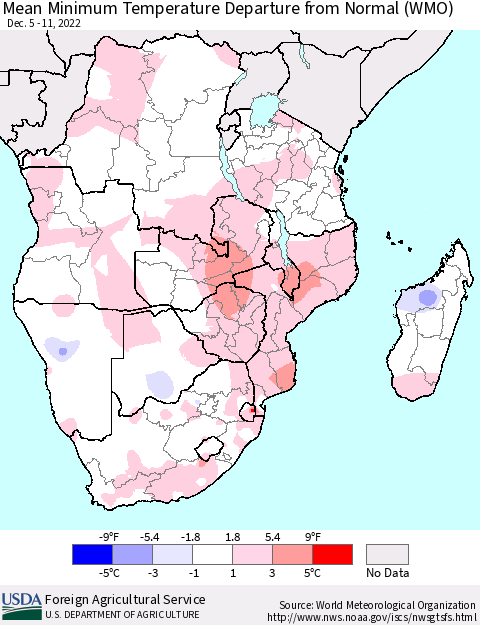 Southern Africa Mean Minimum Temperature Departure from Normal (WMO) Thematic Map For 12/5/2022 - 12/11/2022