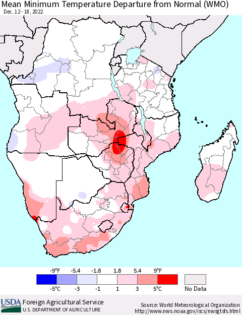 Southern Africa Mean Minimum Temperature Departure from Normal (WMO) Thematic Map For 12/12/2022 - 12/18/2022