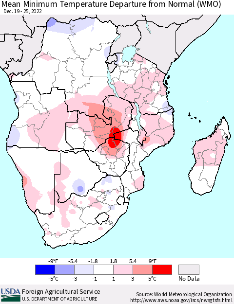 Southern Africa Mean Minimum Temperature Departure from Normal (WMO) Thematic Map For 12/19/2022 - 12/25/2022