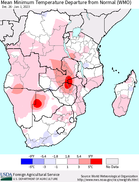 Southern Africa Mean Minimum Temperature Departure from Normal (WMO) Thematic Map For 12/26/2022 - 1/1/2023