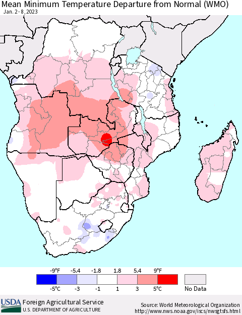 Southern Africa Mean Minimum Temperature Departure from Normal (WMO) Thematic Map For 1/2/2023 - 1/8/2023