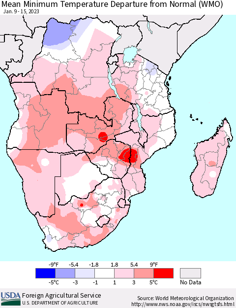 Southern Africa Mean Minimum Temperature Departure from Normal (WMO) Thematic Map For 1/9/2023 - 1/15/2023