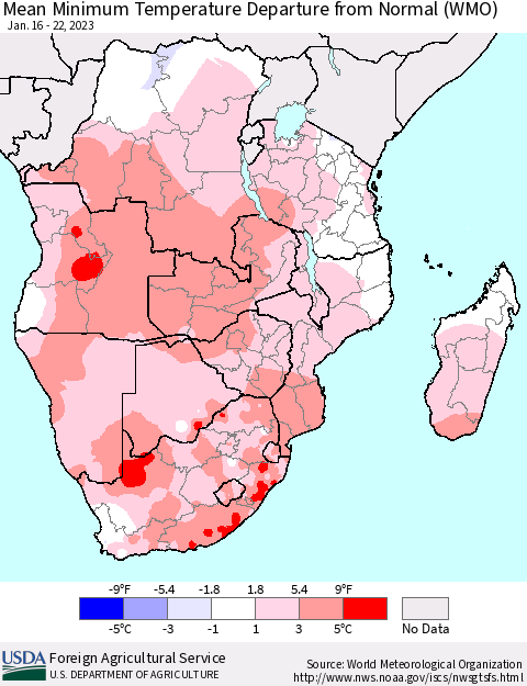 Southern Africa Mean Minimum Temperature Departure from Normal (WMO) Thematic Map For 1/16/2023 - 1/22/2023