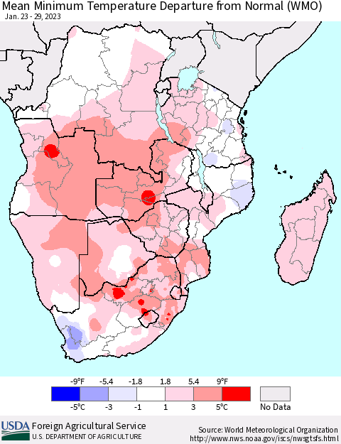 Southern Africa Mean Minimum Temperature Departure from Normal (WMO) Thematic Map For 1/23/2023 - 1/29/2023