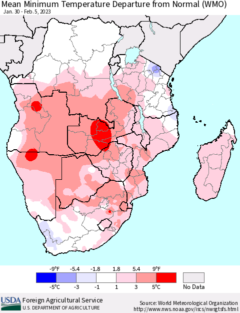 Southern Africa Mean Minimum Temperature Departure from Normal (WMO) Thematic Map For 1/30/2023 - 2/5/2023
