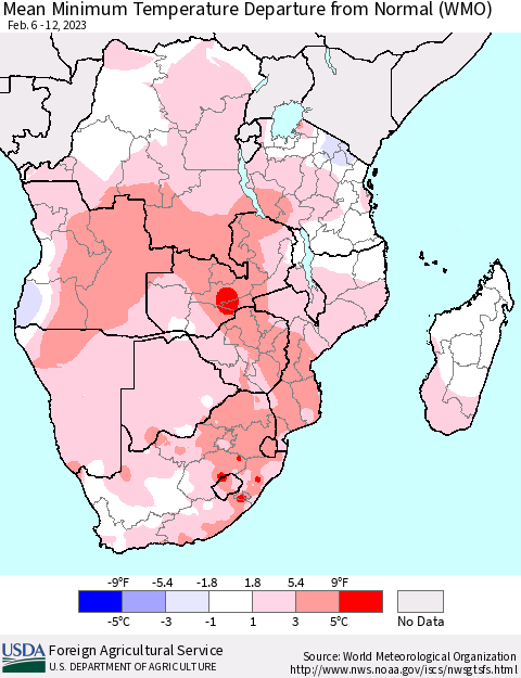 Southern Africa Mean Minimum Temperature Departure from Normal (WMO) Thematic Map For 2/6/2023 - 2/12/2023