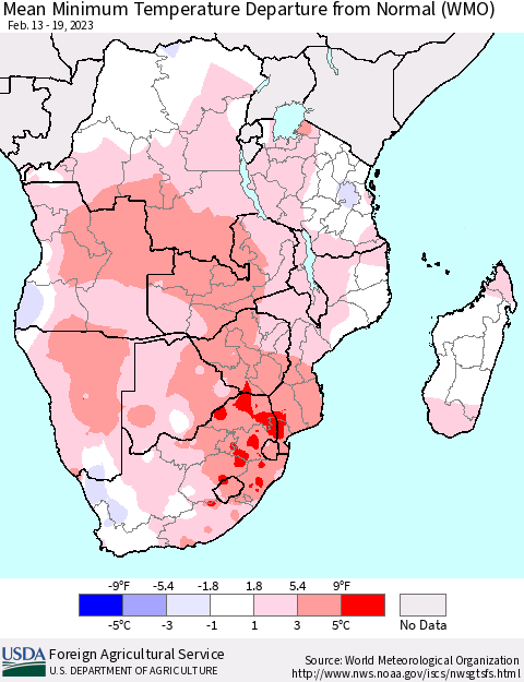Southern Africa Mean Minimum Temperature Departure from Normal (WMO) Thematic Map For 2/13/2023 - 2/19/2023
