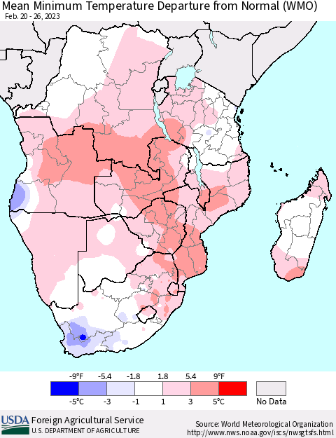 Southern Africa Mean Minimum Temperature Departure from Normal (WMO) Thematic Map For 2/20/2023 - 2/26/2023
