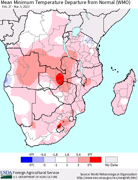 Southern Africa Mean Minimum Temperature Departure from Normal (WMO) Thematic Map For 2/27/2023 - 3/5/2023