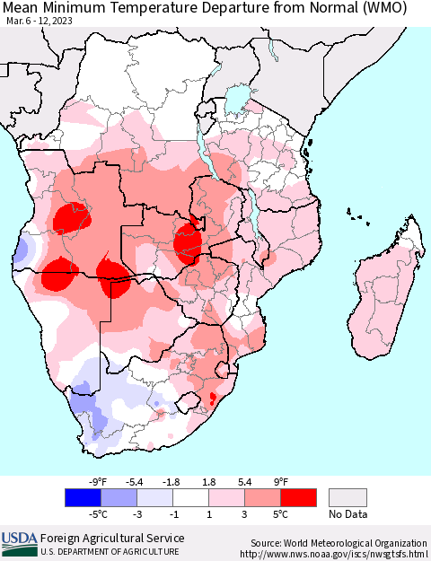 Southern Africa Mean Minimum Temperature Departure from Normal (WMO) Thematic Map For 3/6/2023 - 3/12/2023