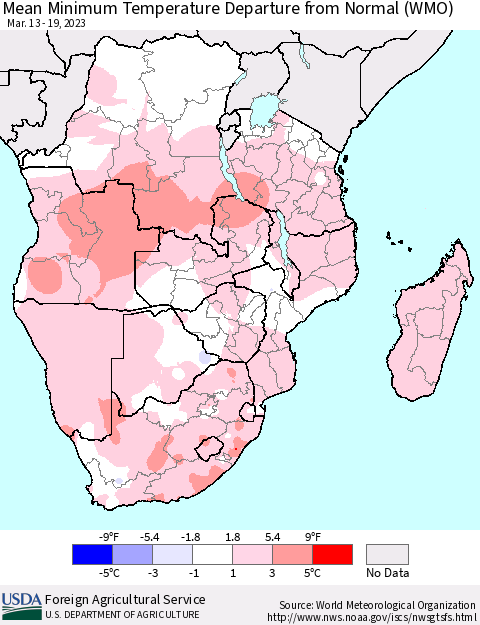 Southern Africa Mean Minimum Temperature Departure from Normal (WMO) Thematic Map For 3/13/2023 - 3/19/2023